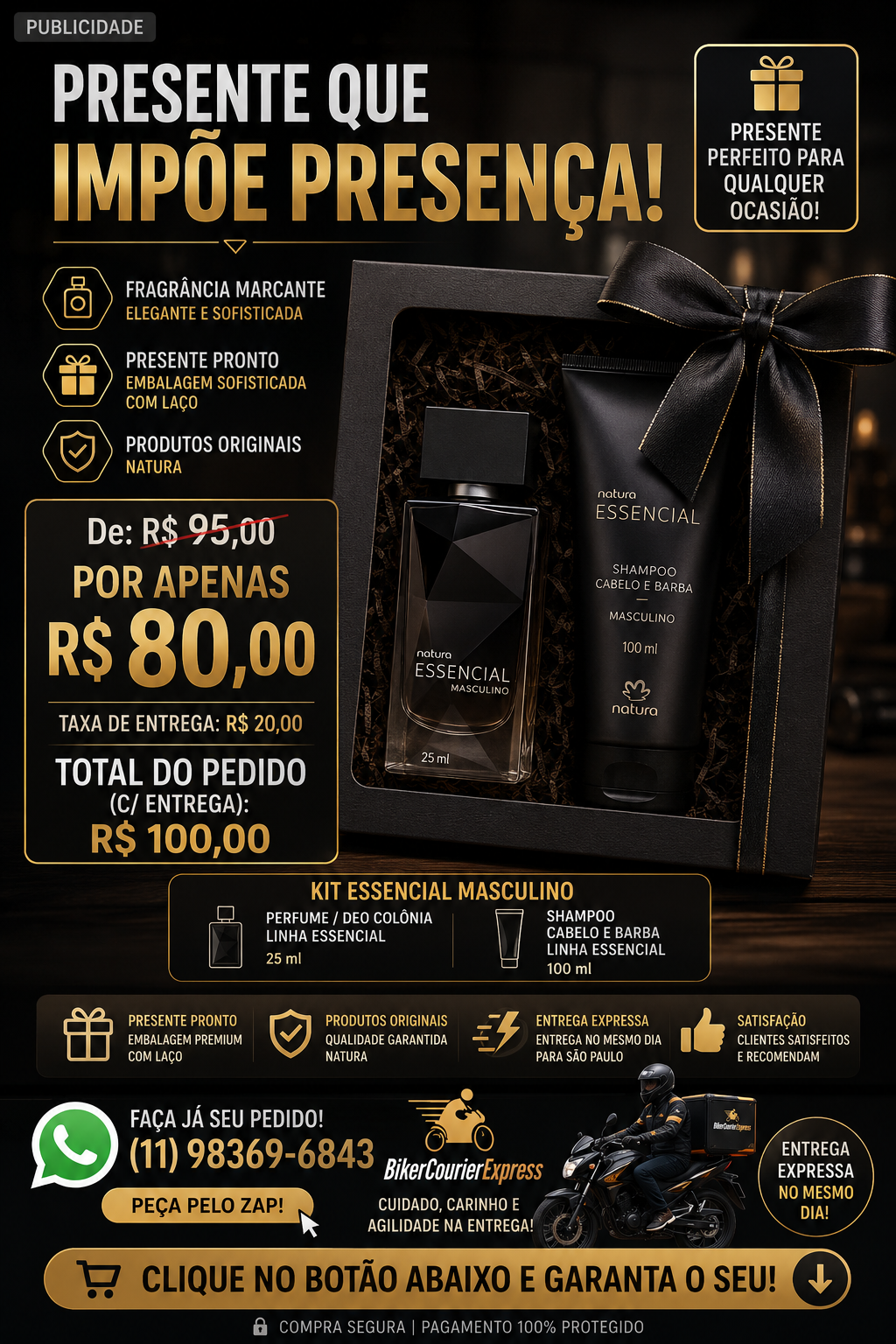 Kit Natura Essencial com perfume 25 ml e shampoo cabelo e barba 100 ml